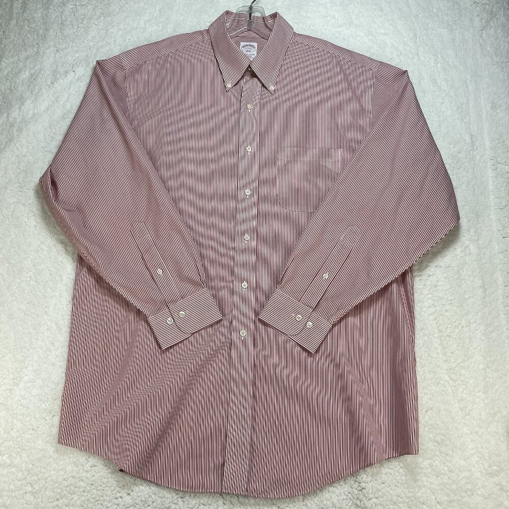 Brooks Brothers Shirt Mens Size 17 4/5 XL Red White Striped Relaxed Fit No Iron